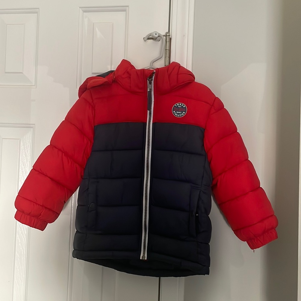 Little boy's jacket, red with navy blue, very comfortable and good for winter.